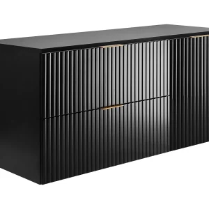 Badkamerset: kast met laden en kast met deuren 57×46×120 cm, kleur: zwart / zwart werkblad, gouden handgreep
