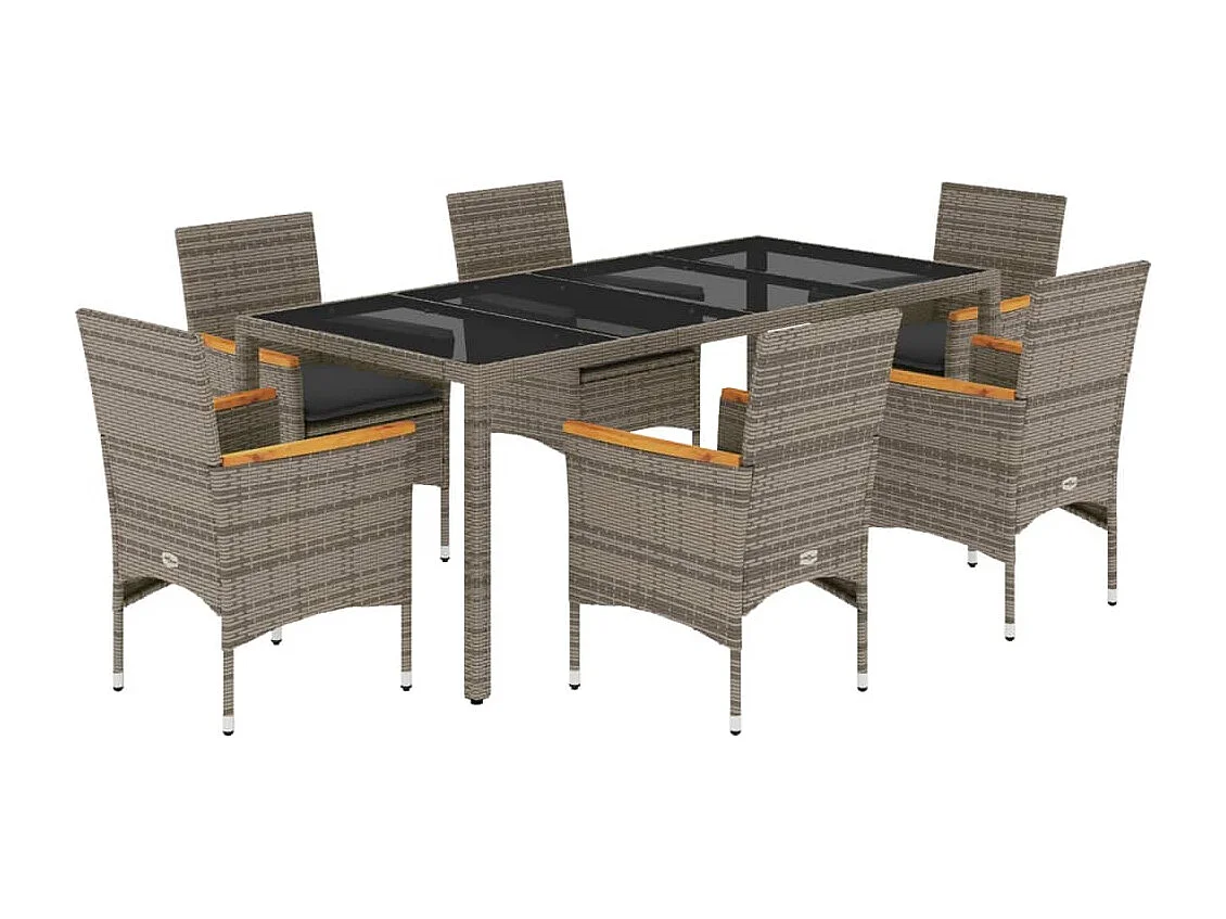 Bakersfield 7-delige Tuinset met kussens poly rattan en glas grijs