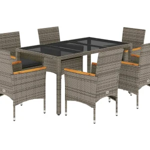 Bakersfield  7-delige Tuinset met kussens poly rattan en glas grijs