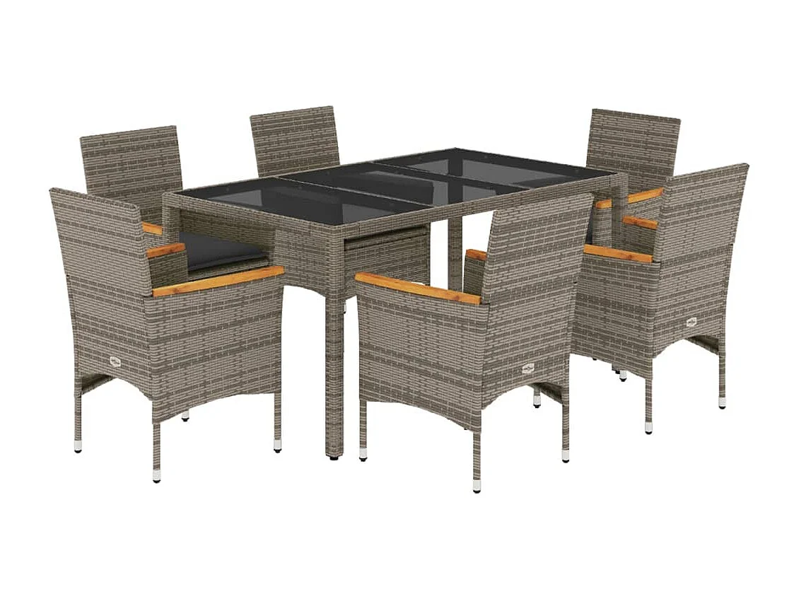 Bakersfield 7-delige Tuinset met kussens poly rattan en glas grijs