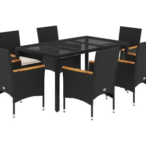 Bakersfield  7-delige Tuinset met kussens poly rattan en acaciahout zwart