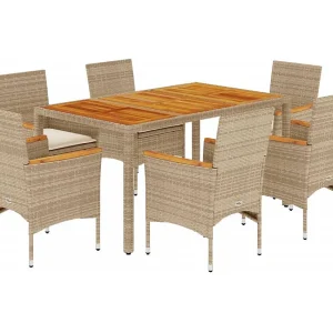Ana Luisa  7-delige Tuinset met kussens poly rattan en acaciahout beige