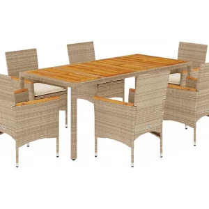 Ana Luisa  7-delige Tuinset met kussens poly rattan en acaciahout beige