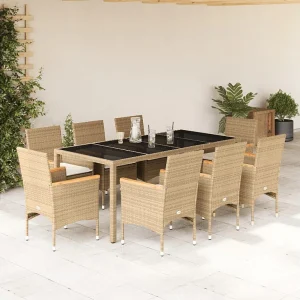 Bakersfield  9-delige Tuinset met kussens poly rattan en glas beige