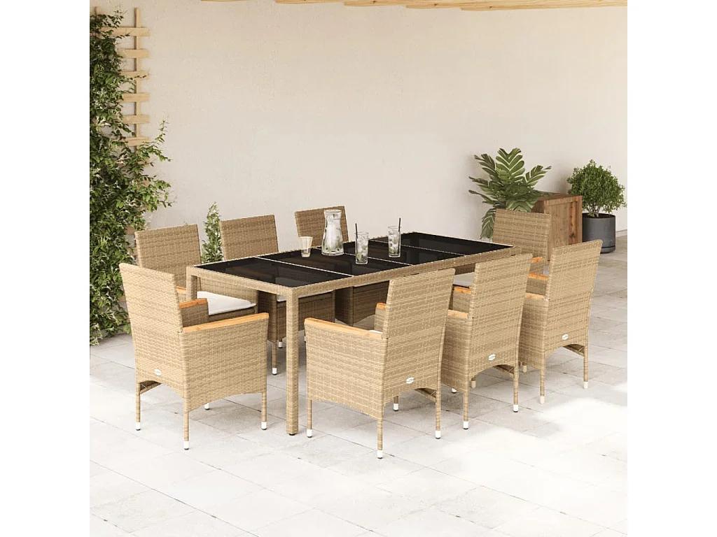 Bakersfield 9-delige Tuinset met kussens poly rattan en glas beige