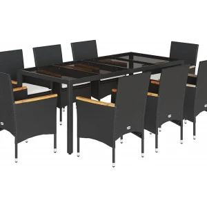 Bakersfield  9-delige Tuinset met kussens poly rattan en glas zwart