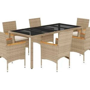 Bakersfield  7-delige Tuinset met kussens poly rattan en glas beige