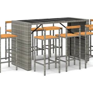Allouez  9-delige Tuinbarset poly rattan en massief acaciahout grijs