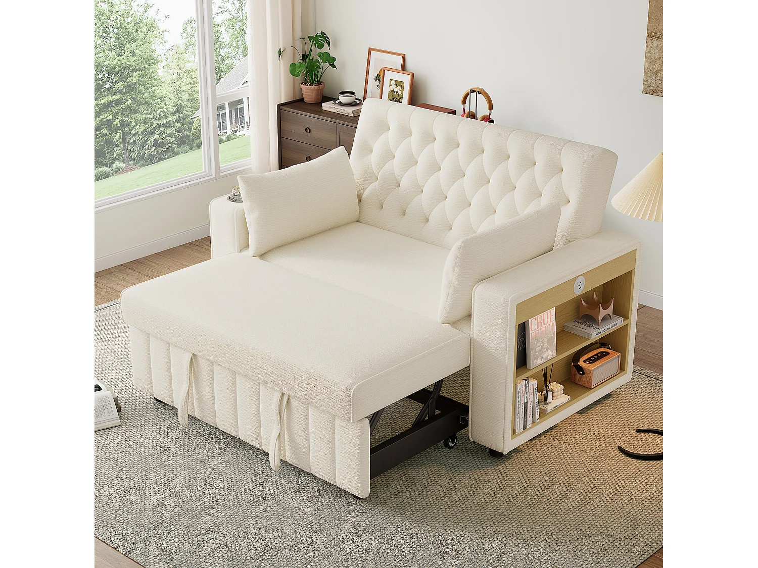 2-zits slaapbank met opbergruimte, bekerhouder, USB-aansluiting, modern chenille-design, beige (140x137x84 cm)