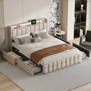 160x200cm Volwassen Bed, Gestoffeerd Tweepersoonsbed met 4 Laden en LED, USB-aansluiting en Hoofdeinde, Linnen, Beige 160x200cm Volwassen Bed, Gestoffeerd Tweepersoonsbed met 4 Laden en LED, USB-aansluiting en Hoofdeinde, Linnen, Beige