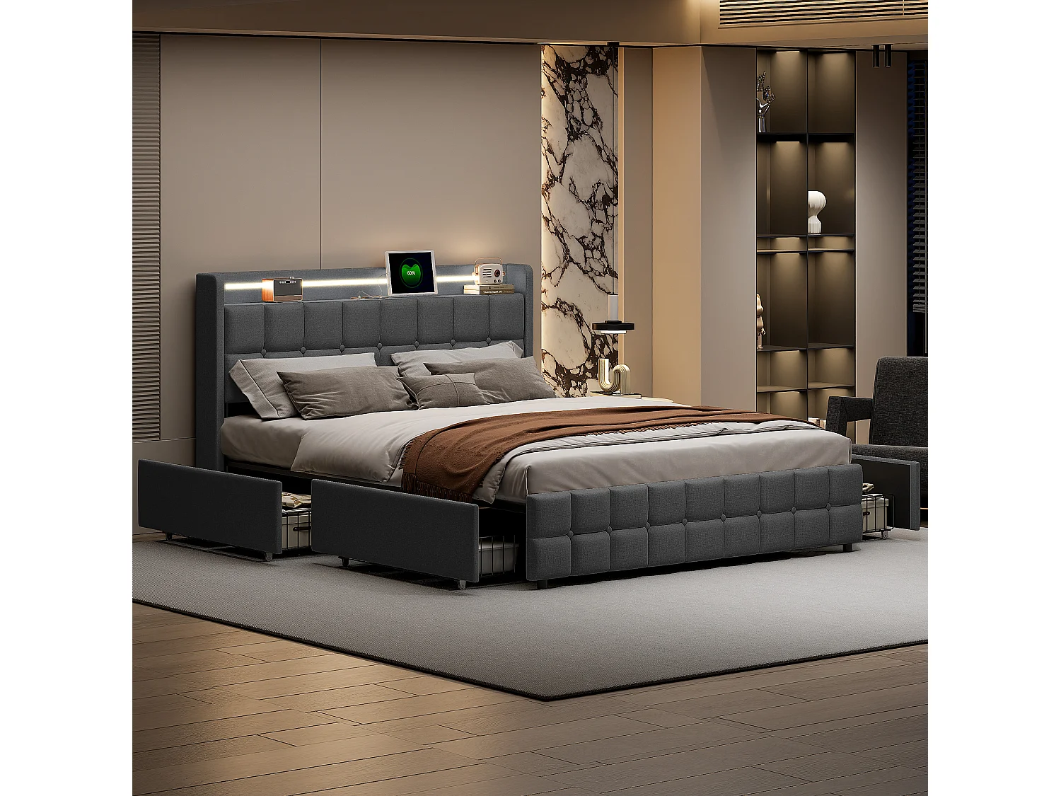 160x200cm Volwassen Bed, Gestoffeerd Tweepersoonsbed met 4 Laden en LED, USB-aansluiting en Hoofdeinde, Linnen, Grijs