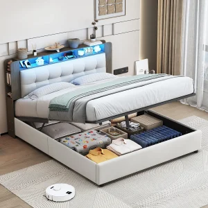 140×200 opbergbed met LED en draadloze oplaadfunctie, met opbergruimte, fluweel, wit 140×200 opbergbed met LED en draadloze oplaadfunctie, met opbergruimte, fluweel, wit