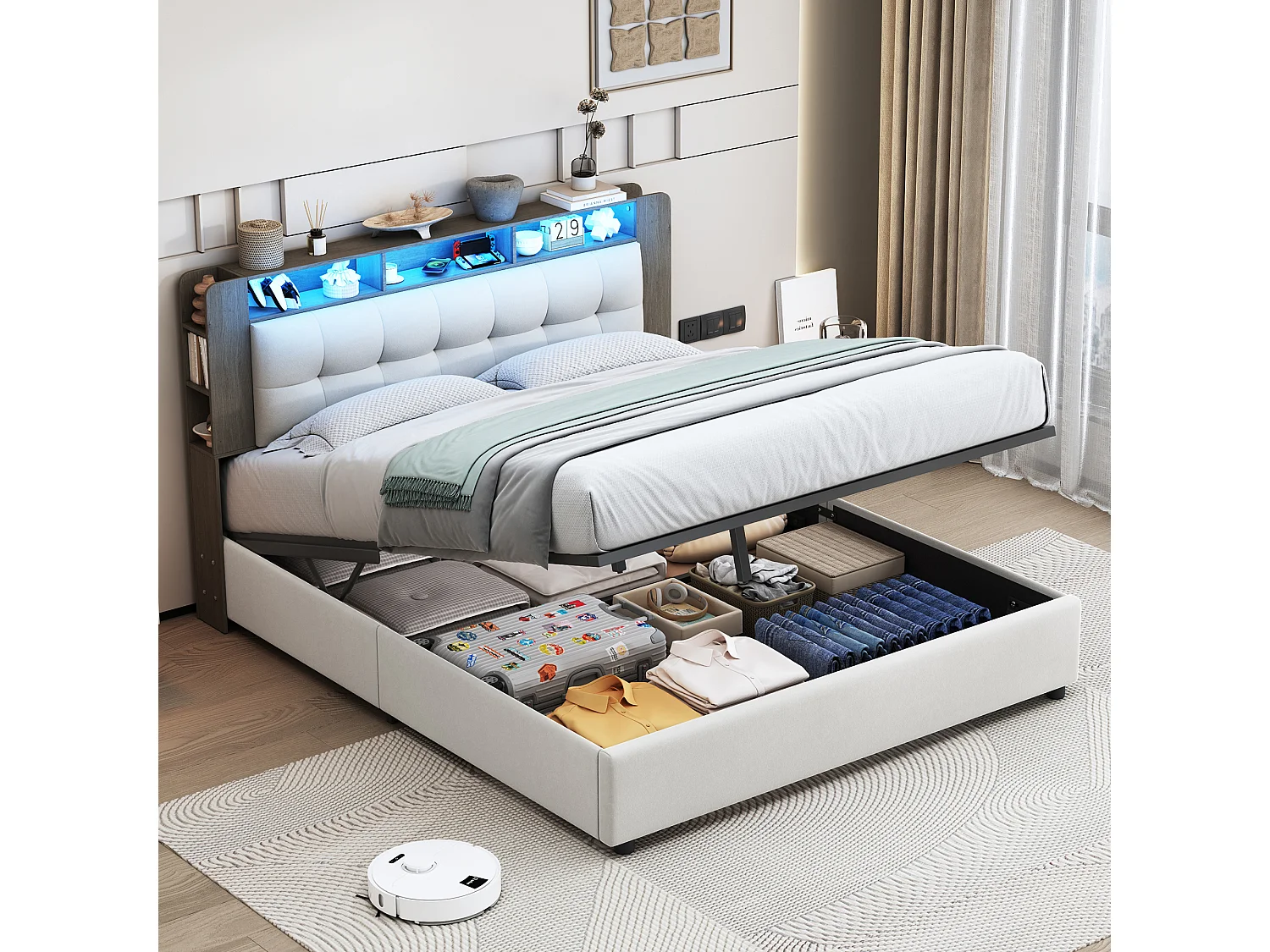 140x200 opbergbed met LED en draadloze oplaadfunctie, met opbergruimte, fluweel, wit