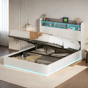 140×200 opbergbed, tweepersoonsbed met kussens, met LED en USB, lattenbodem, fluweel, wit