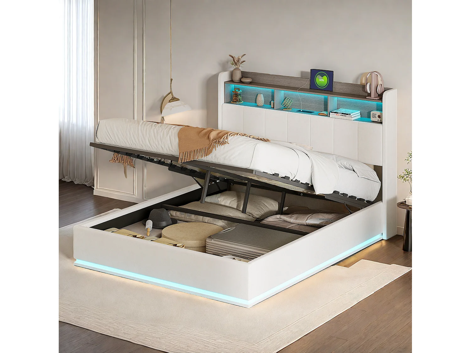 140x200 opbergbed, tweepersoonsbed met kussens, met LED en USB, lattenbodem, fluweel, wit