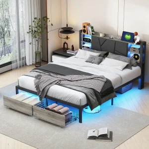 140 x 200 cm metalen tweepersoonsbed met LED en USB, met opbergruimte, lattenbodem, zwart