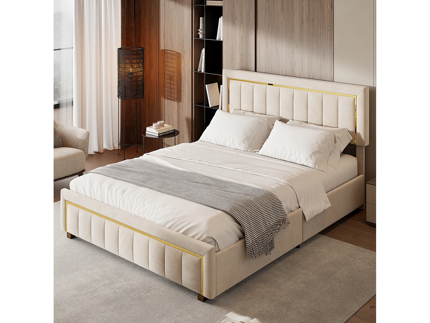 140x200 opbergbed, tweepersoonsbed met hydraulisch mechanisme en lattenbodem, fluweel, beige
