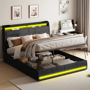 160 x 200 cm opbergbed met lattenbodem, tweepersoonsbed met LED-verlichting in PU, zwart 160 x 200 cm opbergbed met lattenbodem, tweepersoonsbed met LED-verlichting in PU, zwart