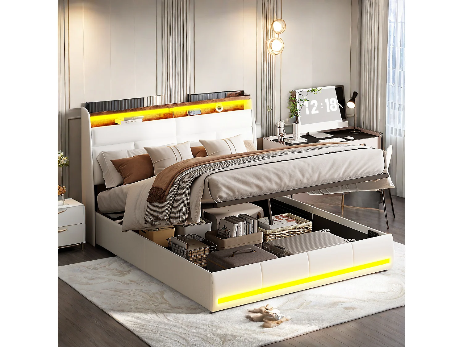 160 x 200 cm opbergbed met lattenbodem, tweepersoonsbed met LED-verlichting in PU, wit