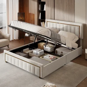 160×200 opbergbed, tweepersoonsbed met hydraulisch mechanisme en lattenbodem, fluweel, beige 160×200 opbergbed, tweepersoonsbed met hydraulisch mechanisme en lattenbodem, fluweel, beige