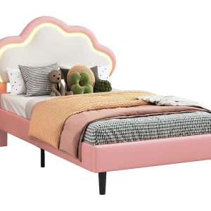 90x200cm gestoffeerd bed, eenpersoonsbed met LED en verstelbaar hoofdeinde, wolkenontwerp, PU, roze 90x200cm gestoffeerd bed, eenpersoonsbed met LED en verstelbaar hoofdeinde, wolkenontwerp, PU, roze