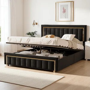 160×200 opbergbed met gewatteerd hoofdeinde, tweepersoonsbedden met lattenbodem, zwart