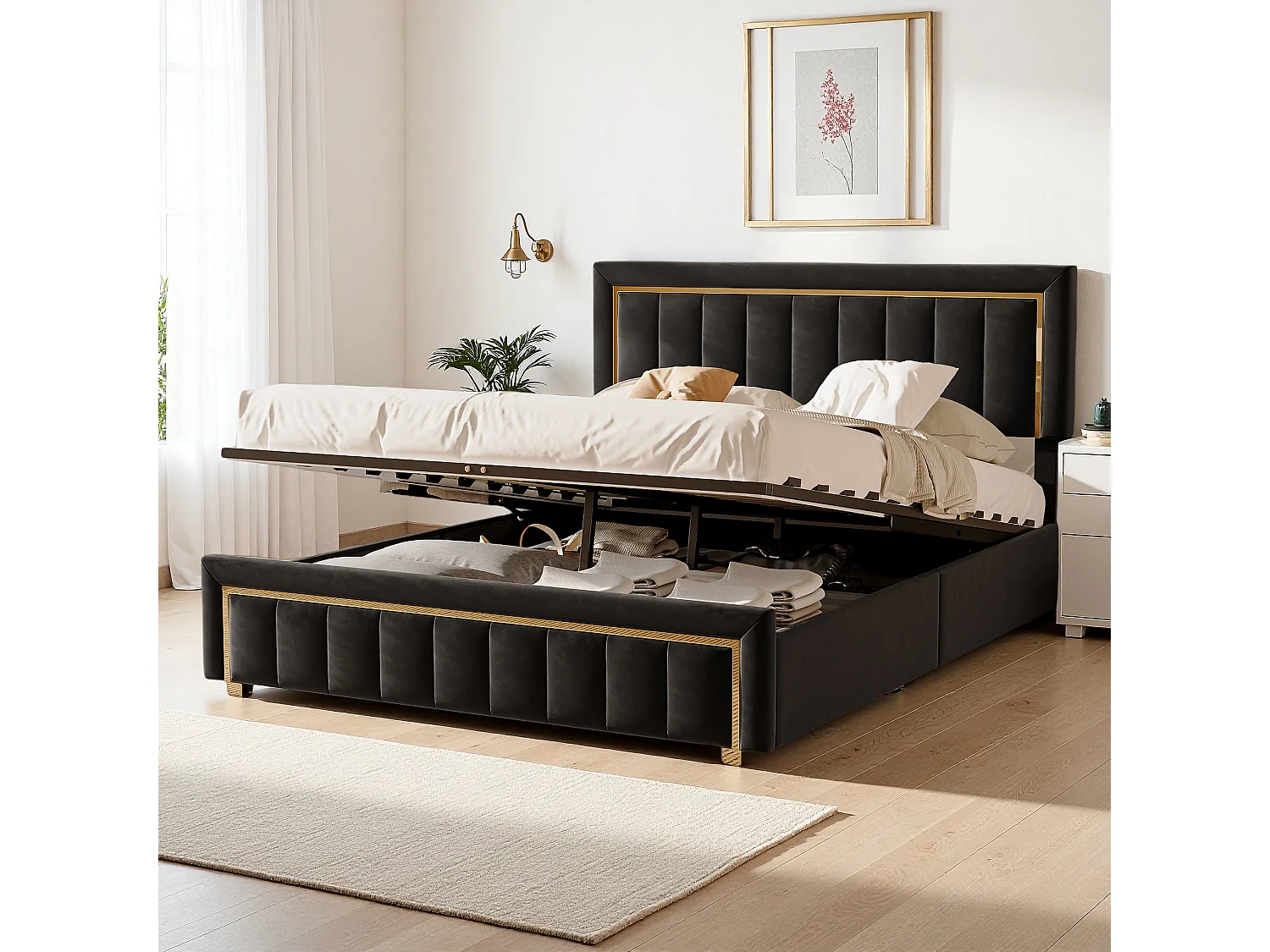 160x200 opbergbed met gewatteerd hoofdeinde, tweepersoonsbedden met lattenbodem, zwart