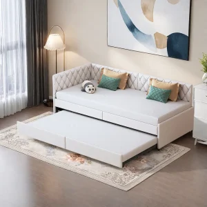 90/180×200 cm Uitschuifbed – Uitschuifbare slaapbank met lattenbodem in fluwelen stof – Beige