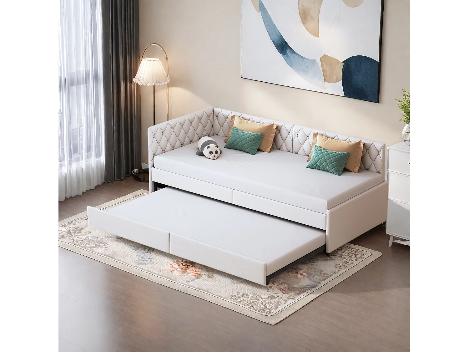 90/180x200 cm Uitschuifbed - Uitschuifbare slaapbank met lattenbodem in fluwelen stof - Beige
