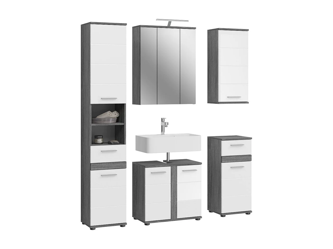 Badkamermeubelset WILLIAM - Donkergrijs en wit - 164x191x34 cm - Met LED