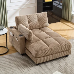 1-zitsbank met gestoffeerde rugleuning, USB-aansluiting en bekerhouder – Khaki corduroy 1-zitsbank met gestoffeerde rugleuning, USB-aansluiting en bekerhouder – Khaki corduroy