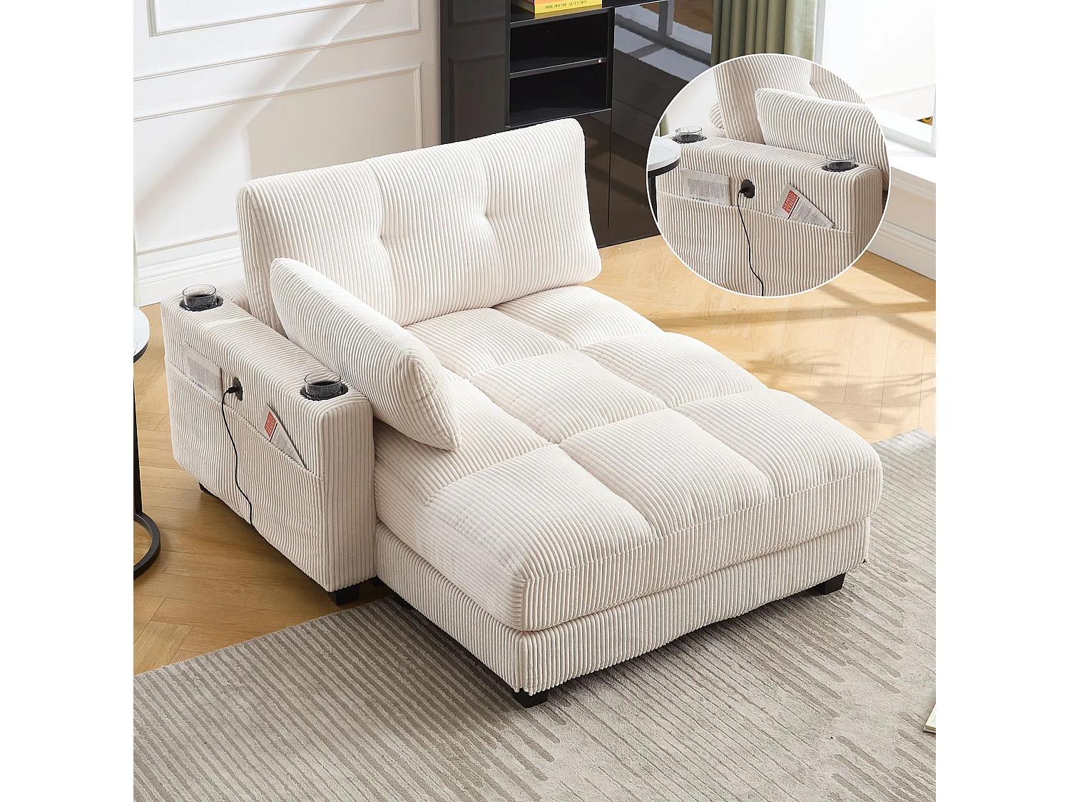 1-zitsbank met gestoffeerde rugleuning, USB-aansluiting en bekerhouder – Beige corduroy