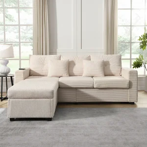 3-zitsbank, Hoekbank met ledstrip en voetenbank – Beige corduroy 3-zitsbank, Hoekbank met ledstrip en voetenbank – Beige corduroy