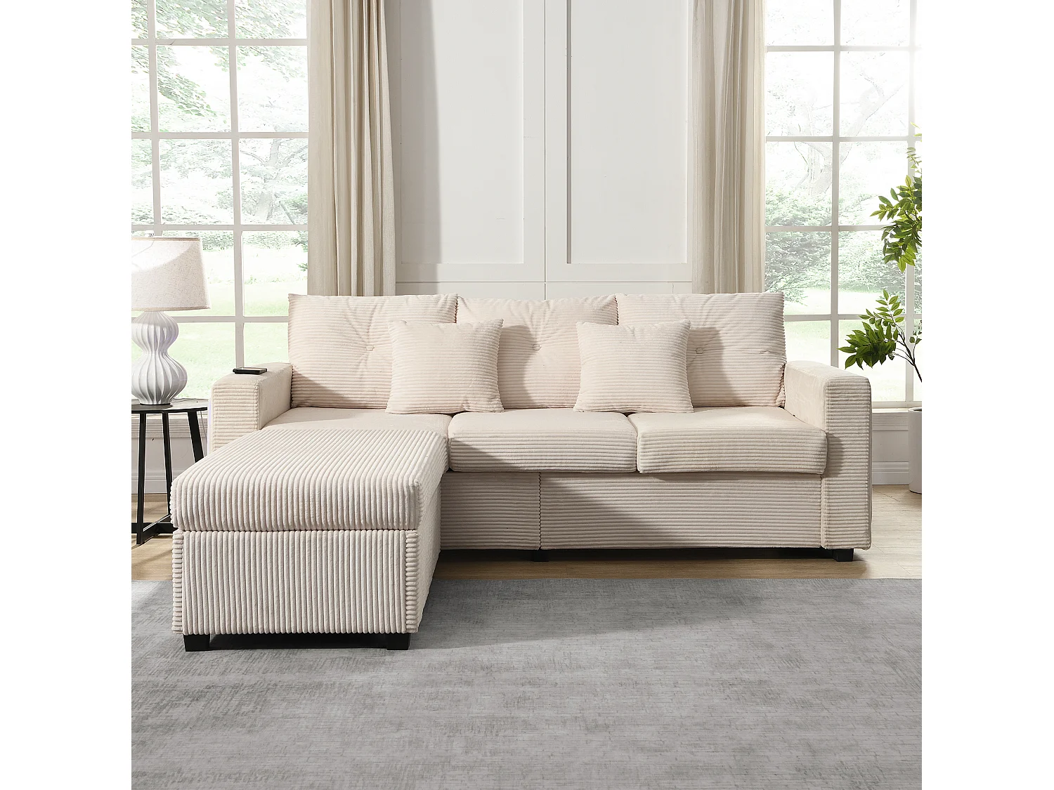 3-zitsbank, Hoekbank met ledstrip en voetenbank - Beige corduroy