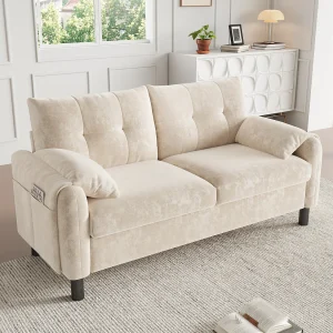 2-zitsbank met zijvakken en armleuningen, gewatteerde rugleuning – beige chenille 2-zitsbank met zijvakken en armleuningen, gewatteerde rugleuning – beige chenille