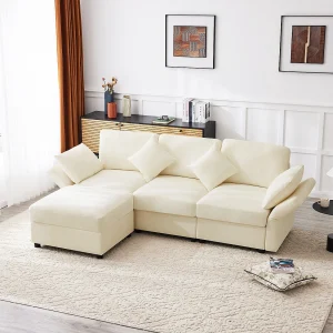 3-zitsbank, Hoekbank met voetenbank en verstelbare armleuningen – Beige chenille 3-zitsbank, Hoekbank met voetenbank en verstelbare armleuningen – Beige chenille