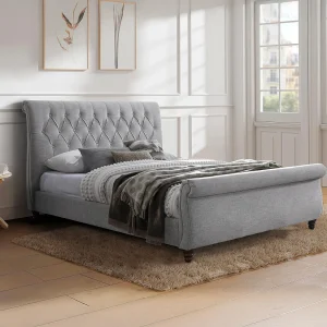 Bed 140 x 190 cm met gecapitonneerd hoofdeinde in grijze kleur + matras – BALANSANO