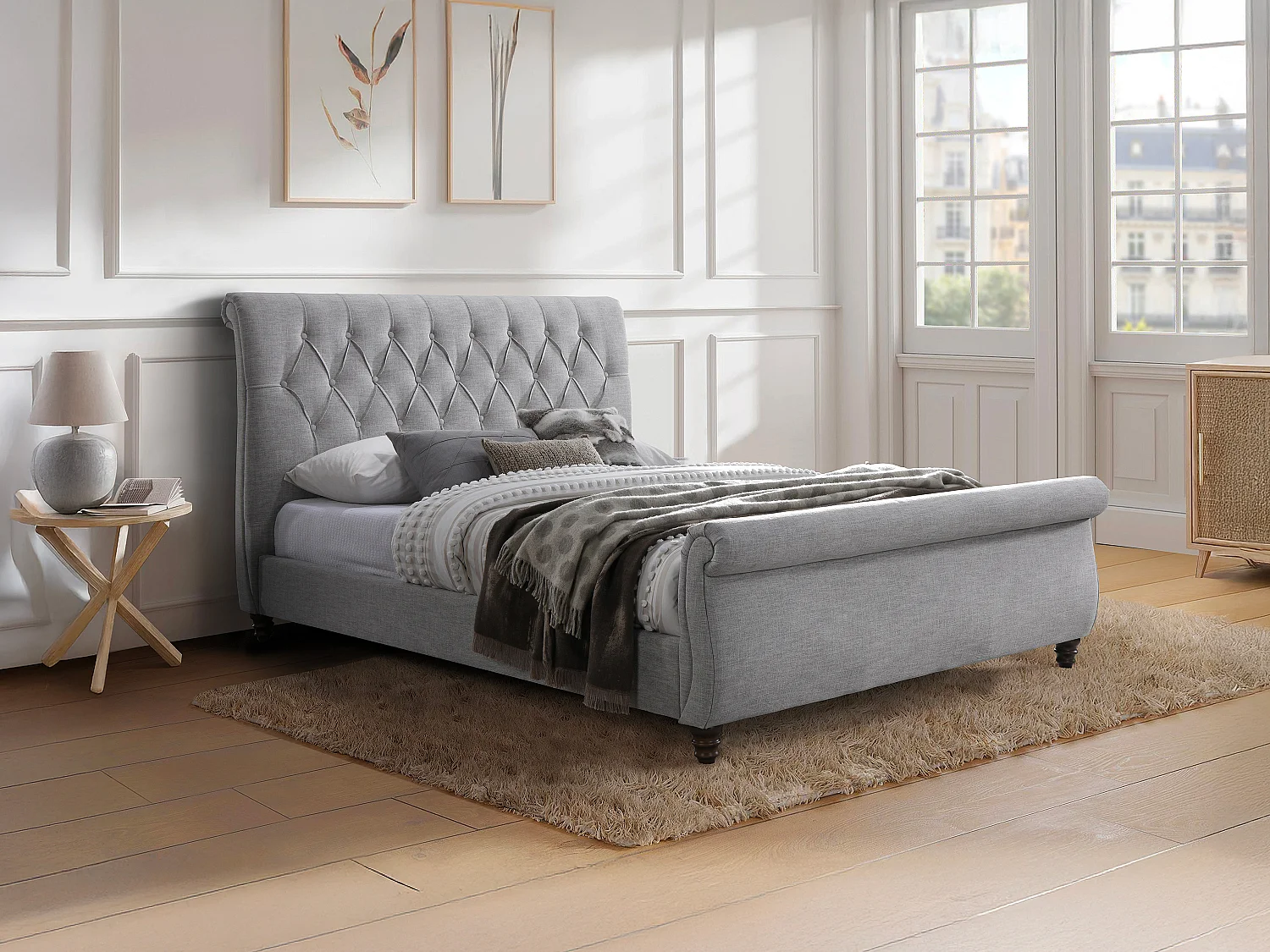 Bed queen size 160 x 200 cm met gecapitonneerd hoofdbord in grijze kleur - BALANSANO