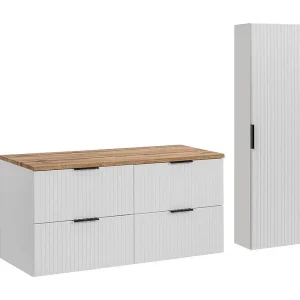 Badkamerset NOXERA 120 cm – Zwevend onderkastmeubel wit met wotan eiken blad voor wastafel en wandkolom