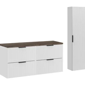 Badkamer NOXERA 120 cm – Zwevend badkamermeubel in alpenwit met blad voor wastafel in sparrenhout effect, kolom