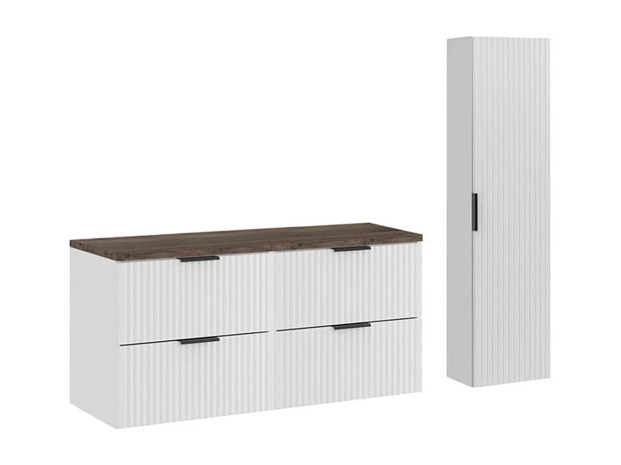 Badkamer NOXERA 120 cm - Zwevend badkamermeubel in alpenwit met blad voor wastafel in sparrenhout effect, kolom