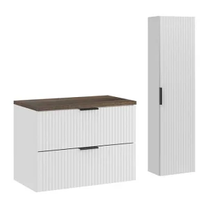 Badkamerset NOXERA 80 cm – Hangend wit onderkastmeubel met blad voor wastafel in sparrenhouteffect en kolomkast