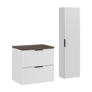 Badkamerset NOXERA 60 cm – Zwevend wit onderkastmeubel met blad voor wastafel in sparrenhouteffect en kolomkast