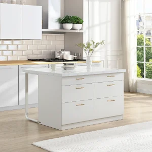 Keukeneiland met 6 lades in MDF en metaal – Wit marmer effect – ALEGRITA
