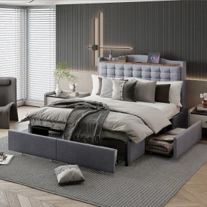 140×200 cm grijs linnen opbergbed – Tweepersoonsbed met 4 lades, geïntegreerd USB-nachtkastje 140×200 cm grijs linnen opbergbed – Tweepersoonsbed met 4 lades, geïntegreerd USB-nachtkastje
