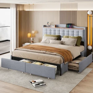 160×200 cm grijs linnen opbergbed – Tweepersoonsbed met 4 lades en geïntegreerd USB-nachtkastje