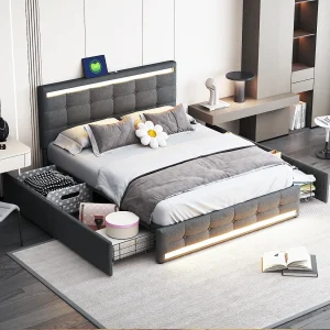 140×200 cm grijs linnen opbergbed met ledverlichting, 4 lades, 2 USB-poorten, verlicht hoofdeinde en voeteneinde, gewatteerd platformframe met opbergruimte 140×200 cm grijs linnen opbergbed met ledverlichting, 4 lades, 2 USB-poorten, verlicht hoofdeinde en voeteneinde, gewatteerd platformframe met opbergruimte