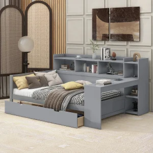 Bankbed 90×200 cm grijs, met bureau, 2 laden, geïntegreerde nachtkast, stopcontact en USB-poort, zonder matras