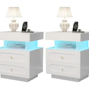 2 sets nachtkastjes 100x40x60 cm – met LED-verlichting – met 4 laden en 2 open opbergruimtes – Wit 2 sets nachtkastjes 100x40x60 cm – met LED-verlichting – met 4 laden en 2 open opbergruimtes – Wit