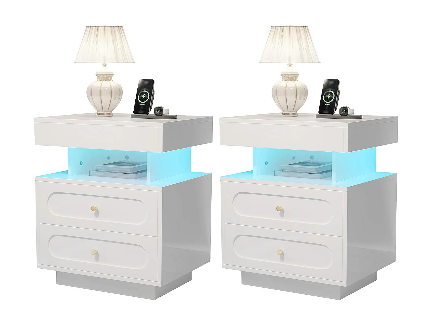 2 sets nachtkastjes 100x40x60 cm - met LED-verlichting - met 4 laden en 2 open opbergruimtes - Wit